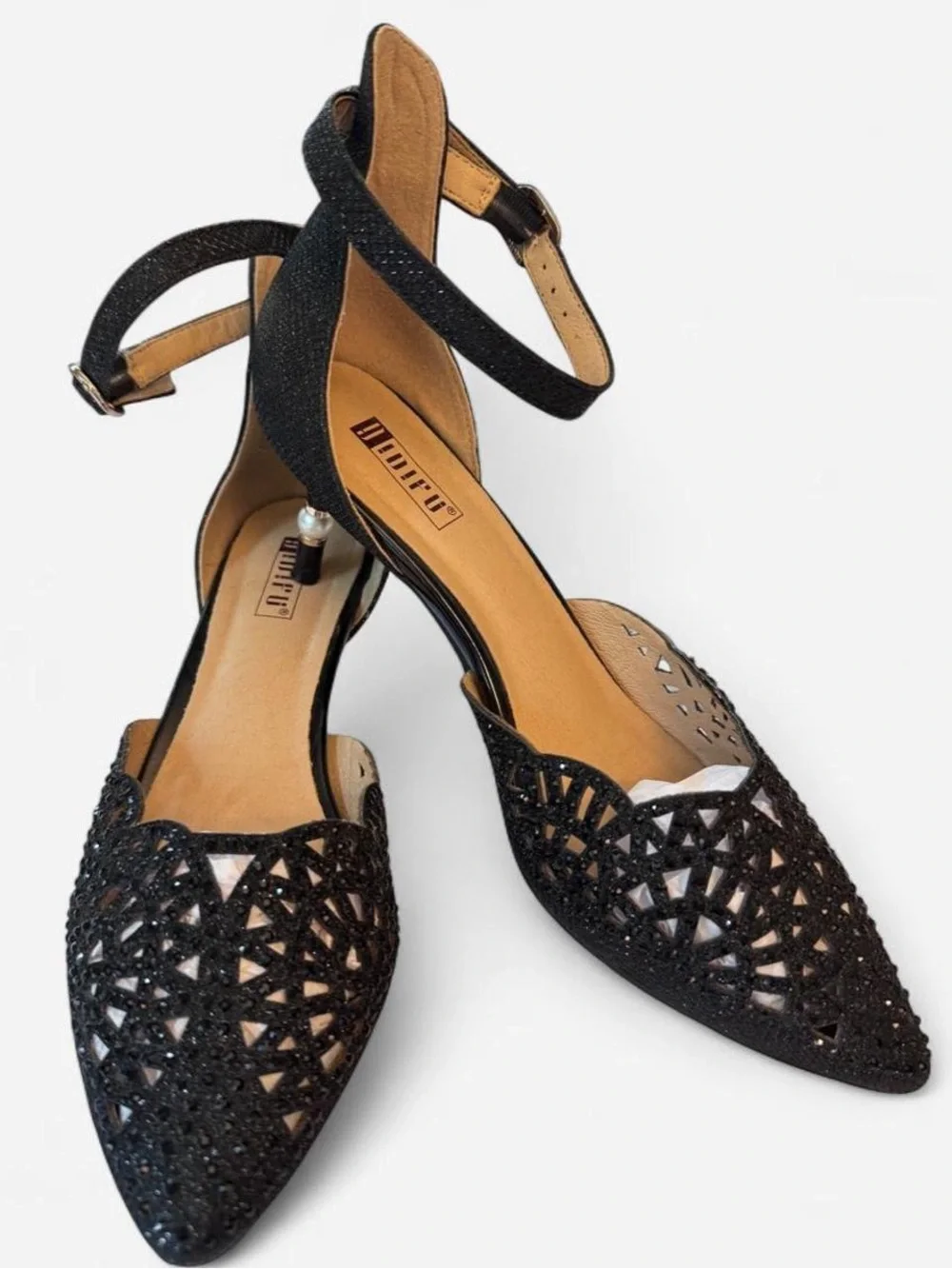 IDIFU Black Rhinestone Pearl Accent Ankle Strap Heels Size 7.5